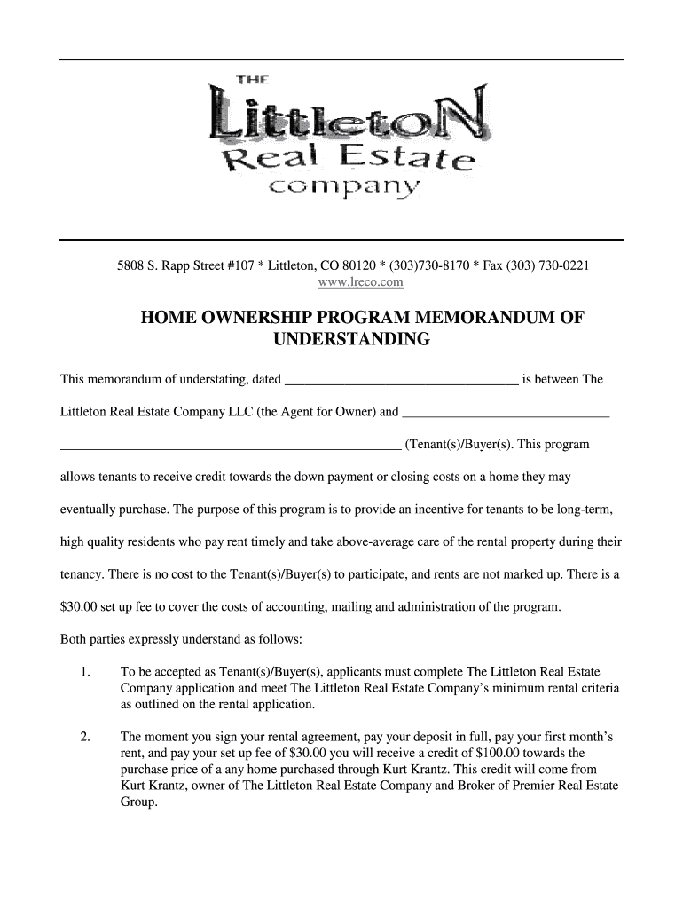 Fillable Online Home ownership program memorandum of understanding Fax