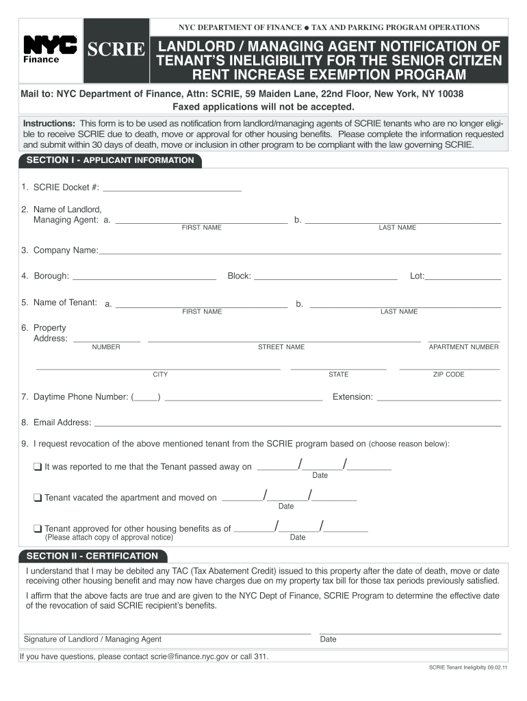 NYC SCRIE Tenant Ineligibility 20112021 Fill and Sign Printable