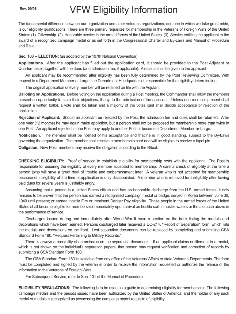 Fillable Online VFW Eligibility Information Veterans Page Fax Email