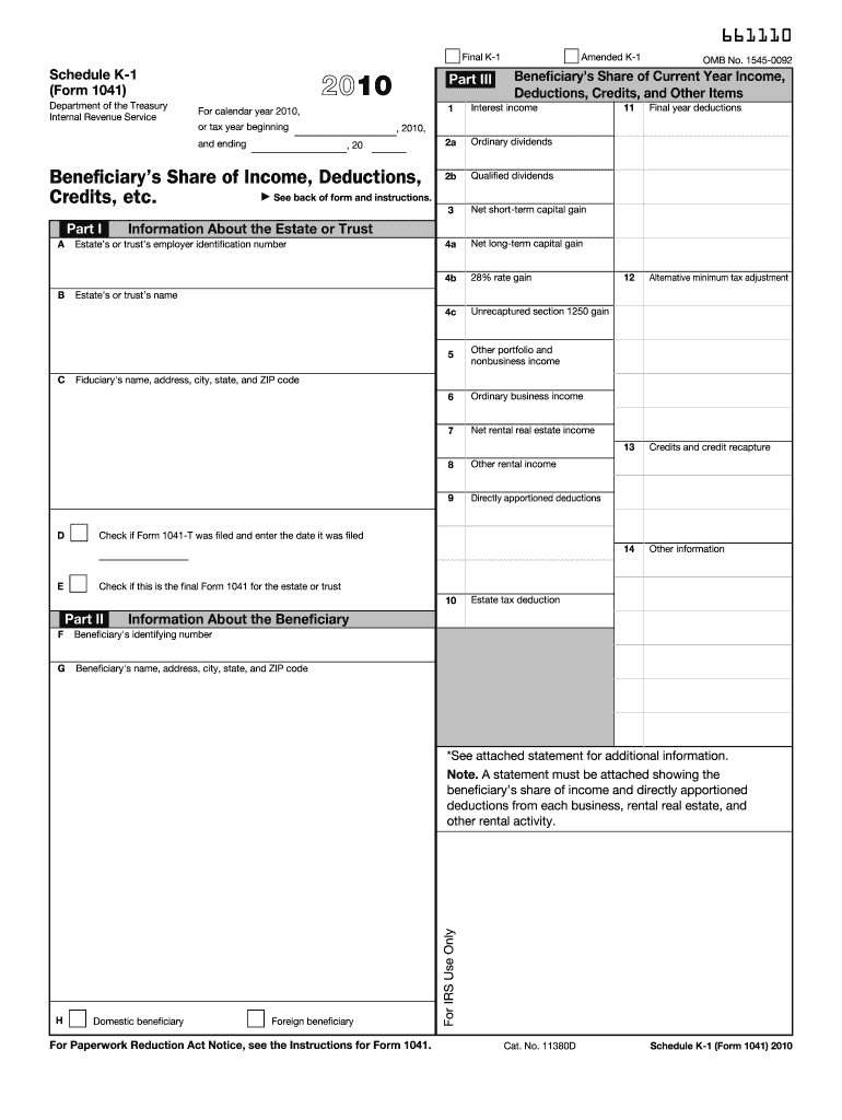 IRS 1041 Schedule K1 2010 Fill and Sign Printable Template Online