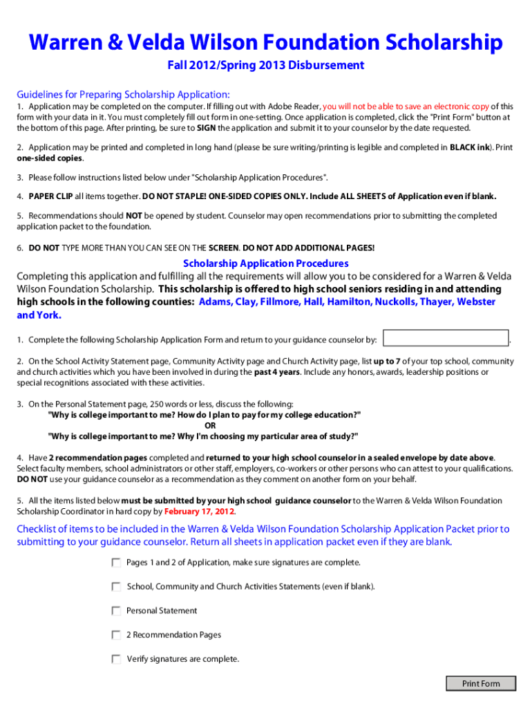 Warren and velda wilson foundation scholarship Fill out & sign online