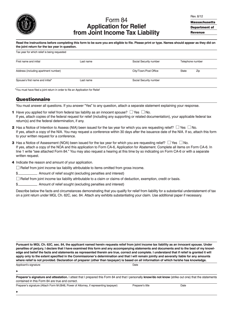 Form 84 Application for Relief from Joint Tax Mass.Gov
