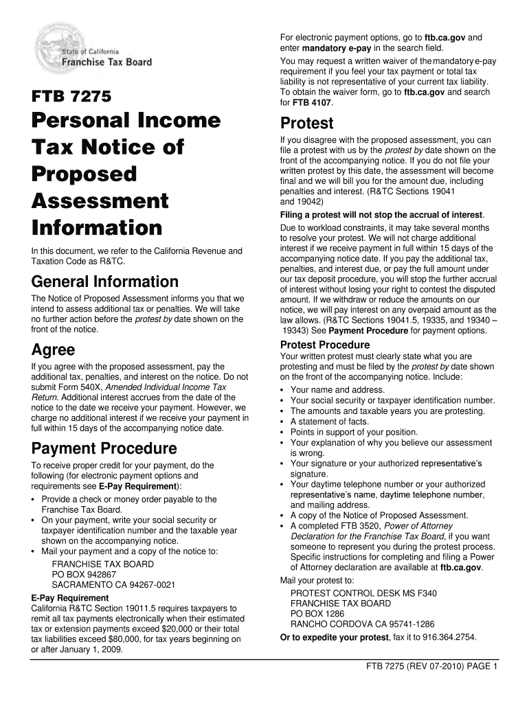 CA FTB 7275 2010 Fill out Tax Template Online US Legal Forms
