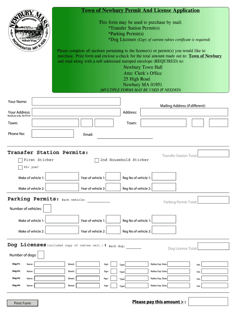 Fillable Online Town of Newbury Permit And License Application Parking