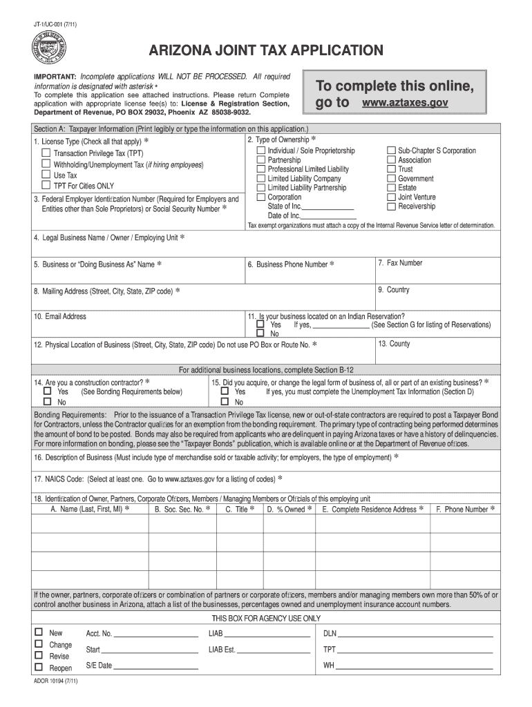 2011 Form AZ DoR JT1/UC001 Fill Online, Printable, Fillable, Blank