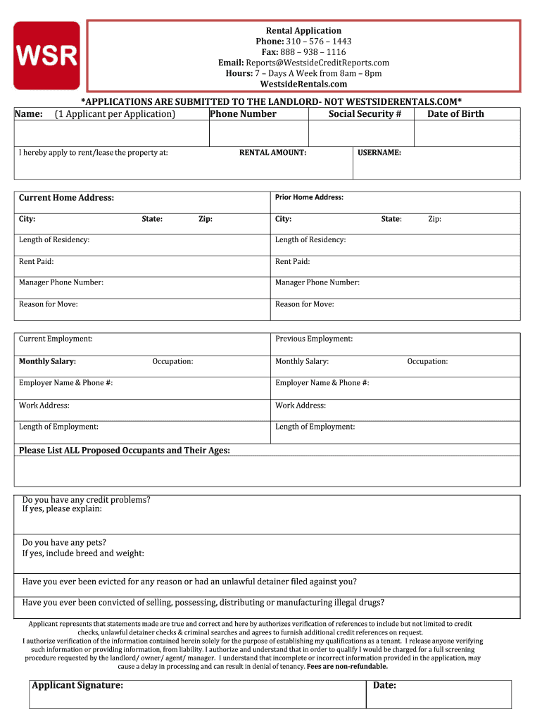 Westside Rentals Application Fill Online, Printable, Fillable, Blank