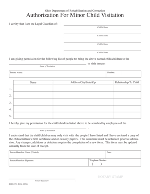 Authorization For Minor Child Visitation - Ohio Department Of - Drc