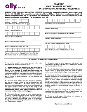 Ally Bank Domestic Wire Transfer Form - Fill and Sign Printable