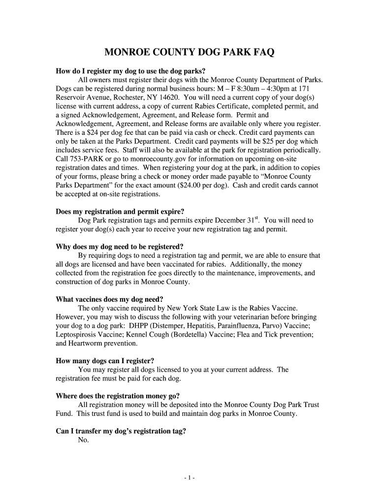 Fillable Online monroecounty MONROE COUNTY DOG PARK FAQ monroecounty