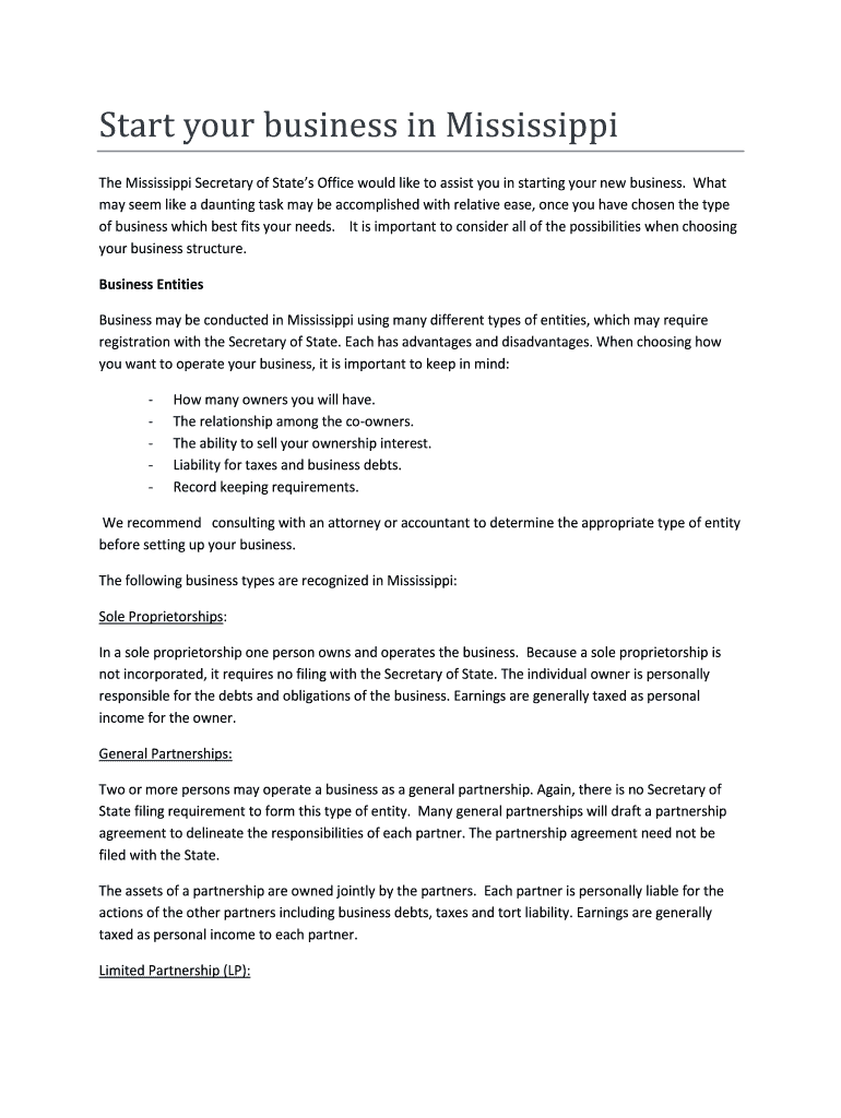 Fillable Online sos ms Start your business in Mississippi Fax Email