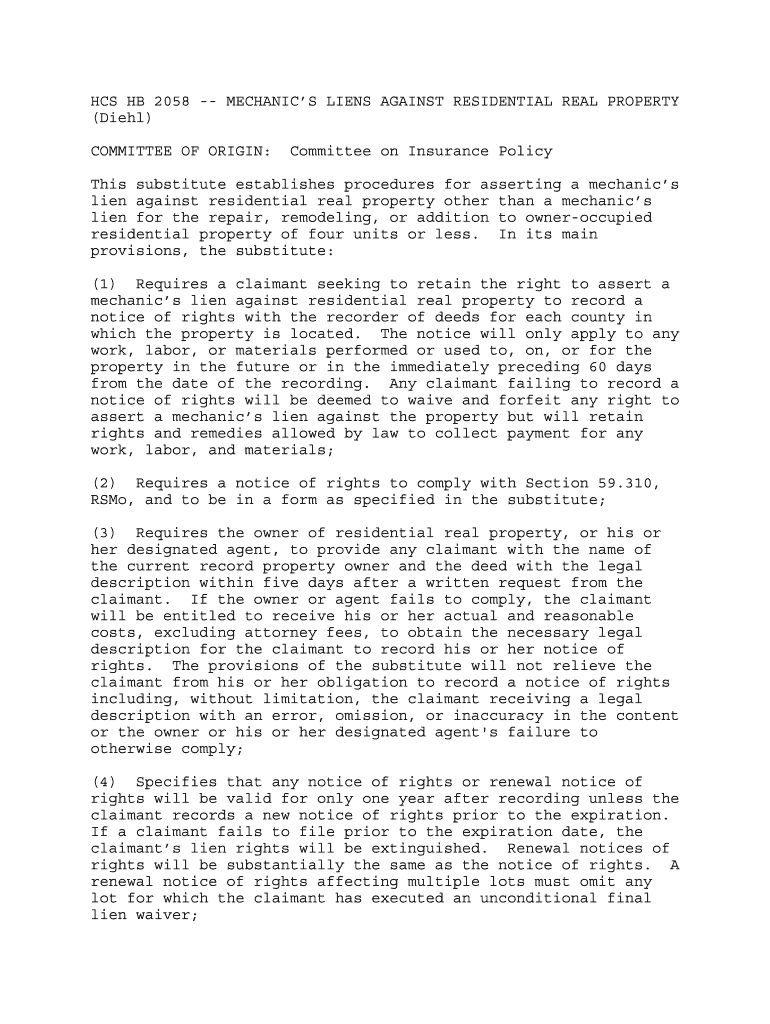 Fillable Online house mo MECHANIC'S LIENS AGAINST RESIDENTIAL REAL