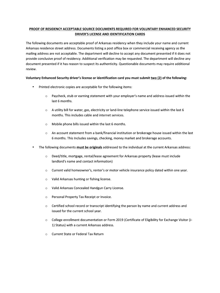 Fillable Online dfa arkansas Fillable PROOF OF RESIDENCY ACCEPTABLE
