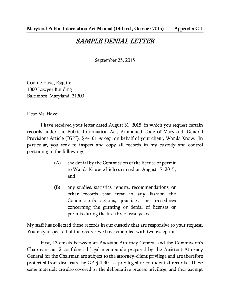 Fillable Online Fillable SAMPLE DENIAL LETTER Fax Email Print pdfFiller