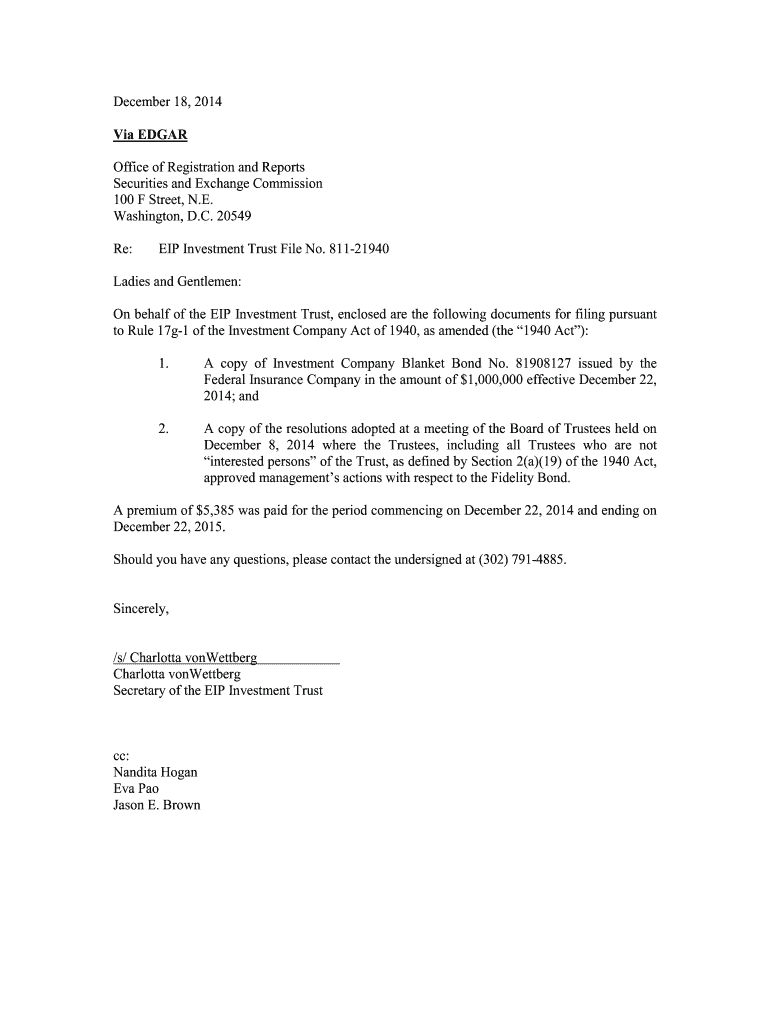 Fillable Online SAMPLE FIDELITY BOND FILING LETTER Fax Email Print