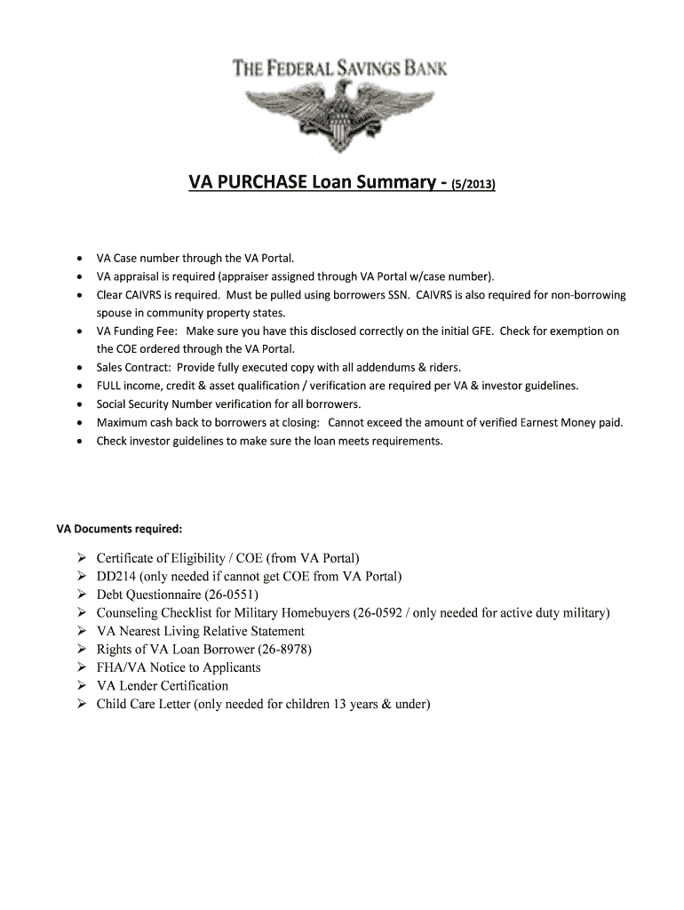 Fillable Online VA PURCHASE Loan Summary Fax Email Print pdfFiller