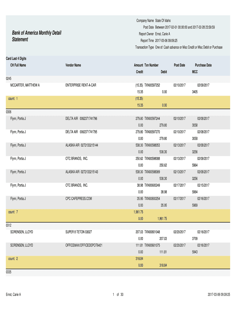 Fillable Online Fillable Bank of America Monthly Detail Statement Fax