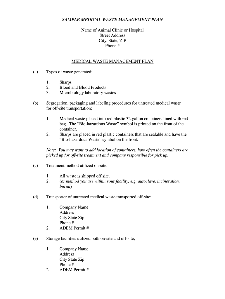 Fillable Online SAMPLE MEDICAL WASTE MANAGEMENT PLAN Fax Email Print
