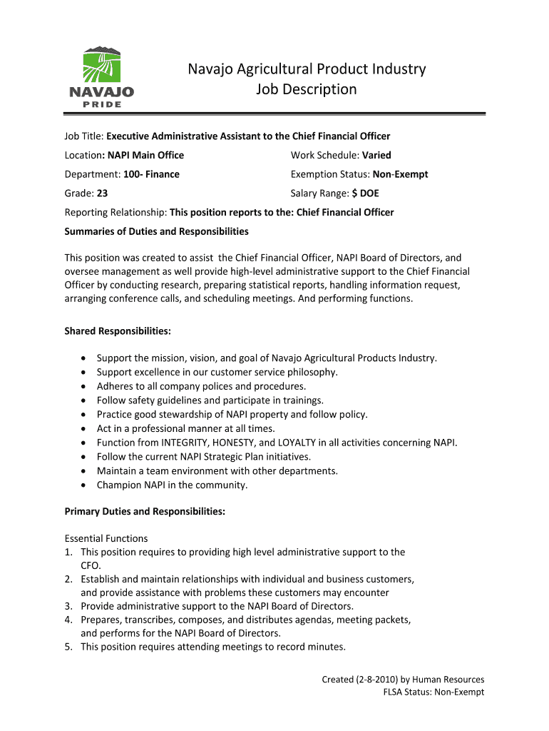 Fillable Online Job Title Executive Administrative Assistant to the