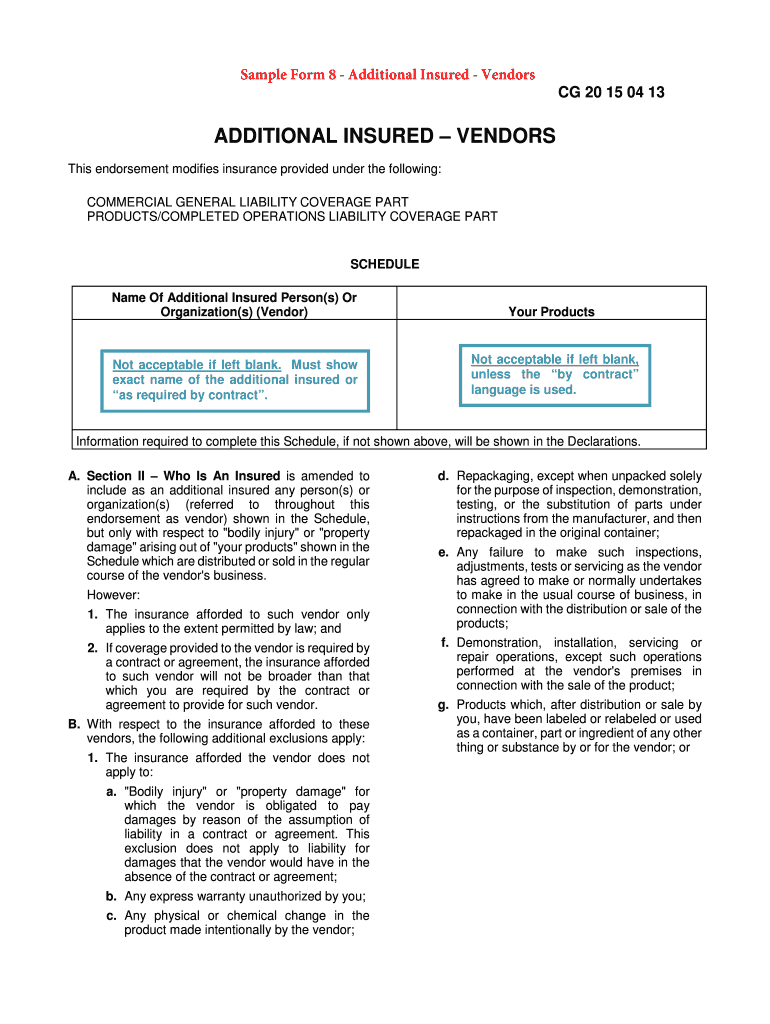 Fillable Online Sample Form 8 Additional Insured Vendors Fax Email