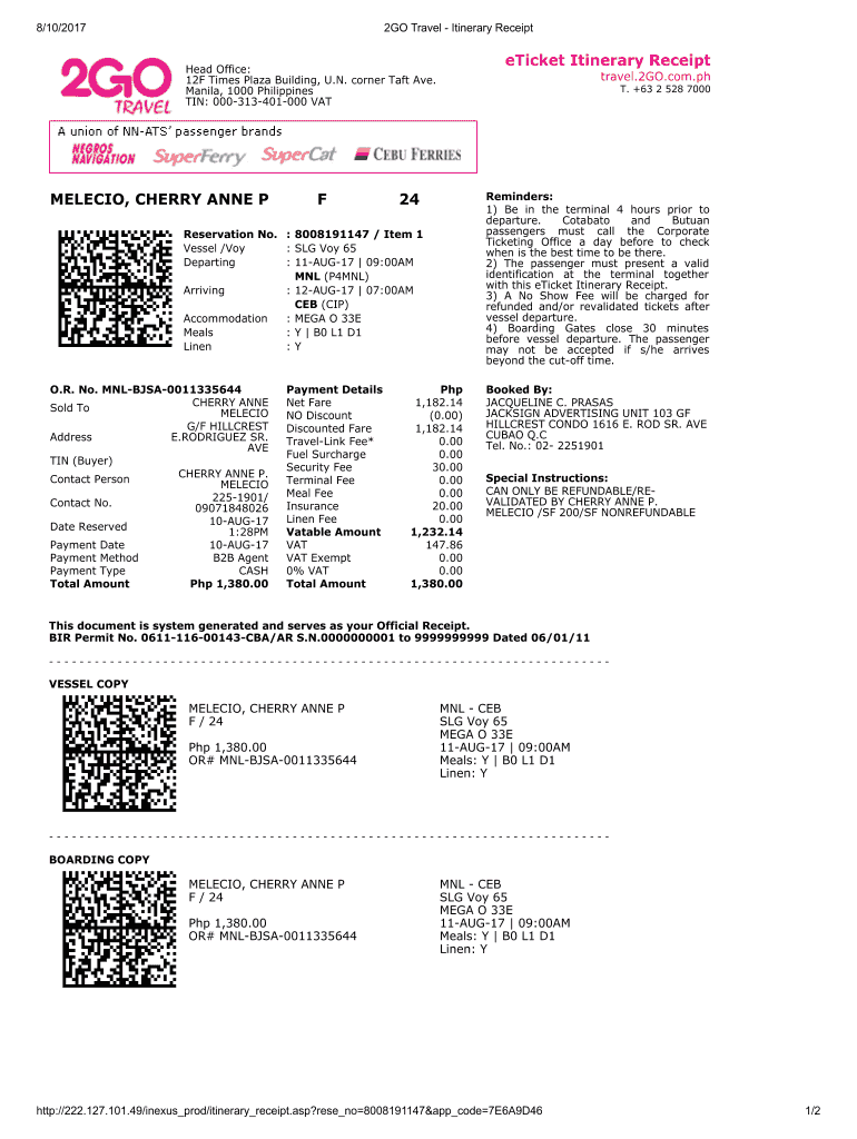 2go Travel E Ticket 2020 Fill and Sign Printable Template Online US