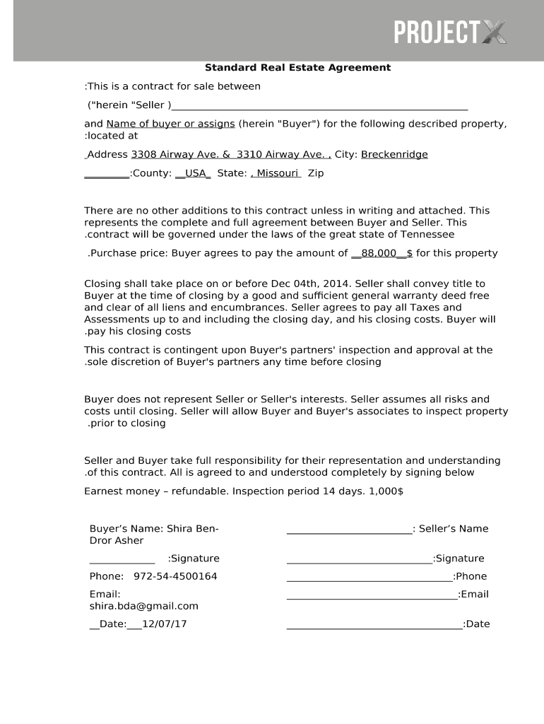 Standard Real Estate Agreement Doc Template pdfFiller