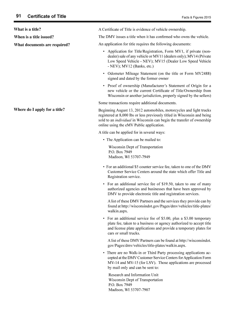 Fillable Online WisDOT DMV Facts & Figures Certificate of Title