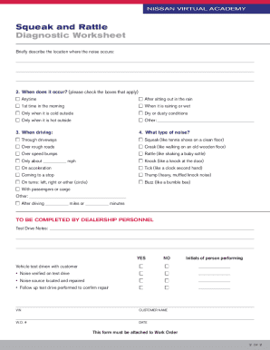 Nissan Squeak and Rattle Diagnostic Worksheet - Blank Fillable Template