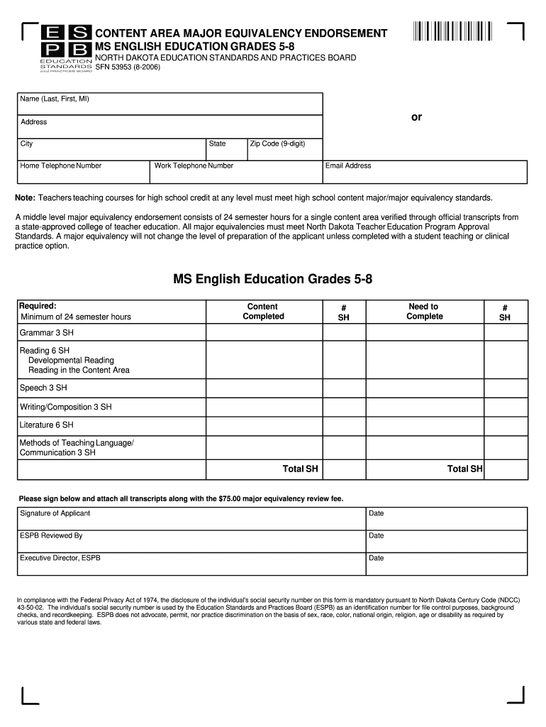 Fillable Online nd Content Area Major Equivalency Endorsement MS