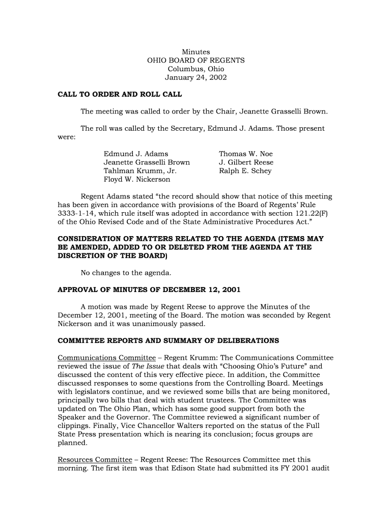 Minutes of January 24, 2002 Ohio Board of Regents State of Ohio