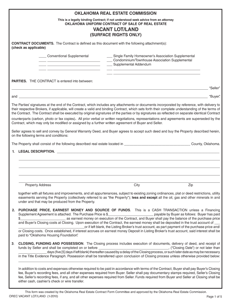 Fillable Online ok Fillable simple vacant land purchase agreement