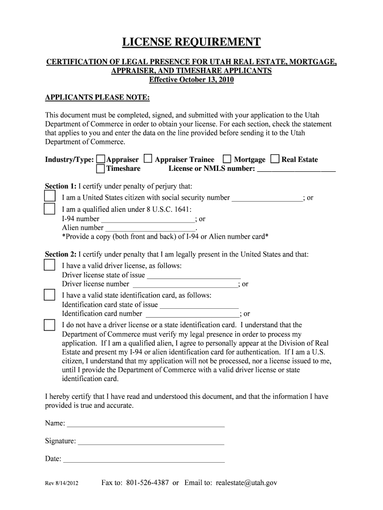 Fillable Online realestate utah LICENSE REQUIREMENT Utah Division of