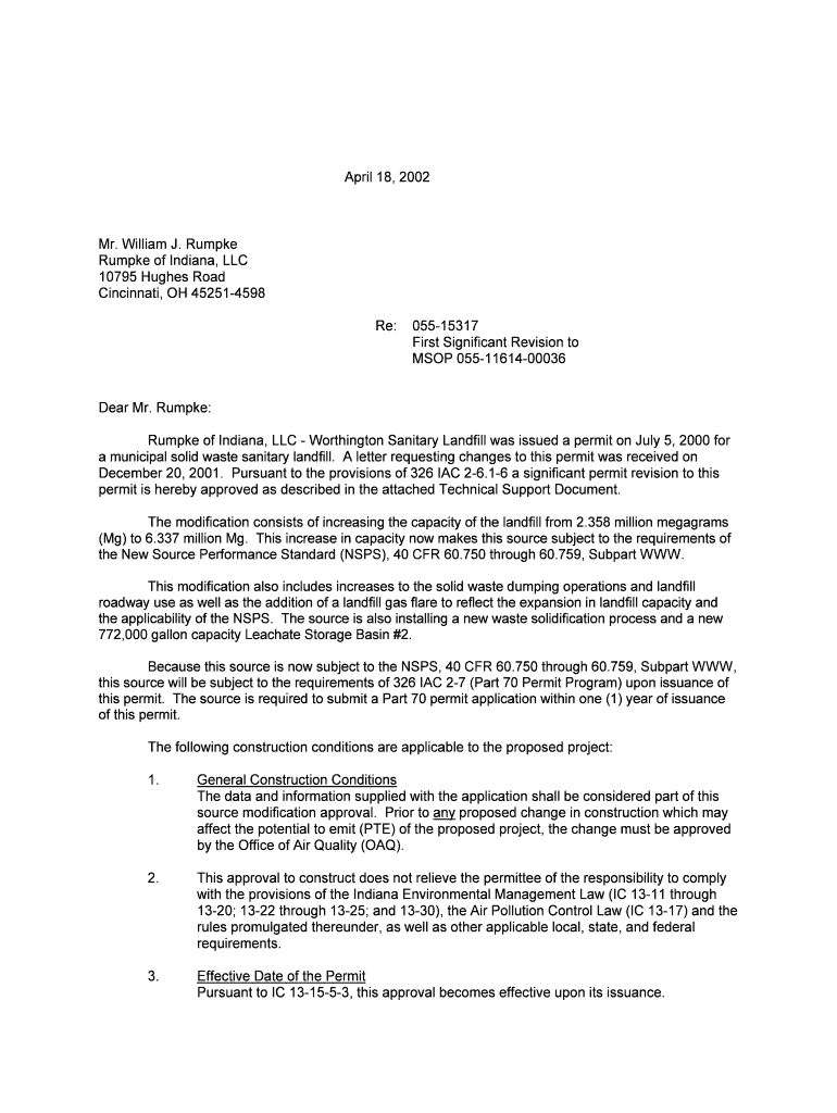 Fillable Online permits air idem in Rumpke Rumpke of Indiana, LLC 10795