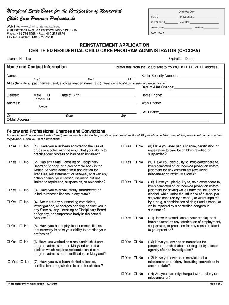Fillable Online dhmh maryland Reinstatement Application dhmh maryland