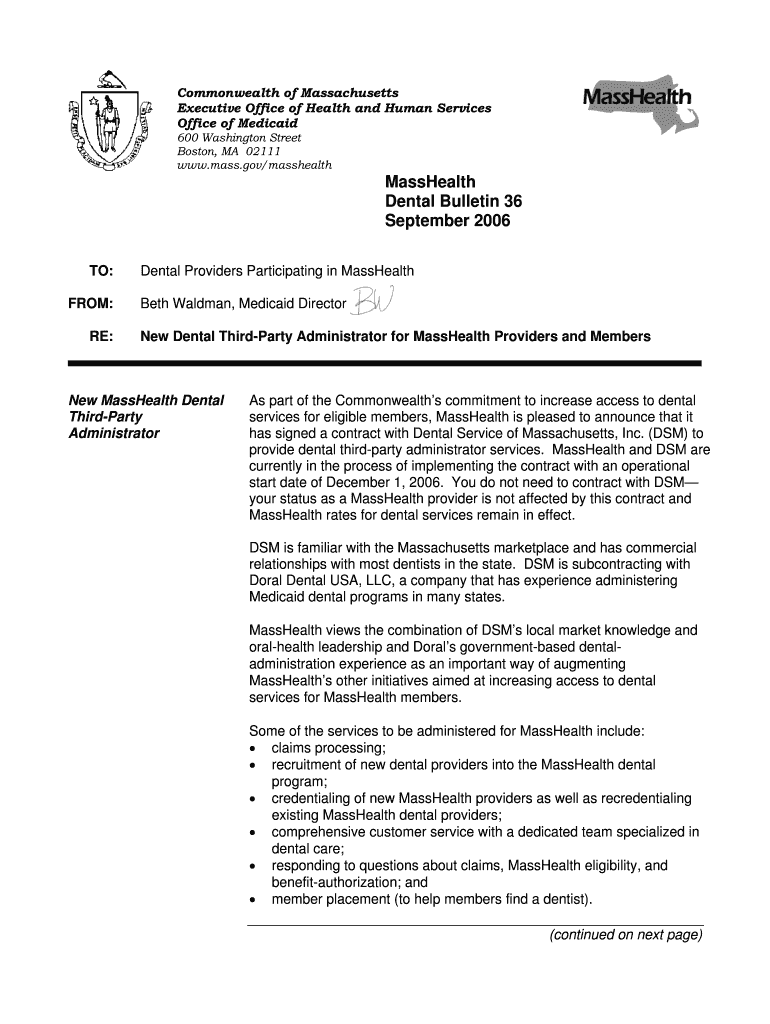 MassHealth Dental Bulletin 36 September 2006 Mass mass Fill out