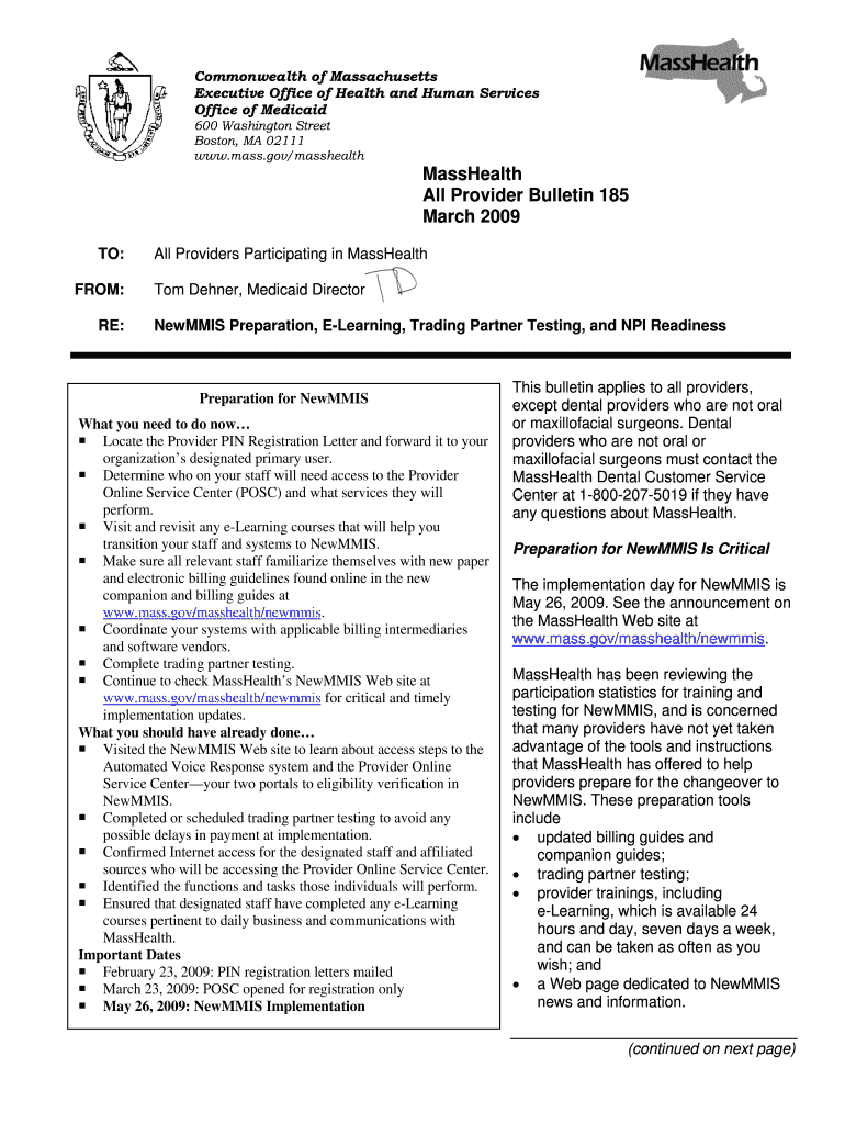 Fillable Online mass MassHealth All Provider Bulletin 185 March 2009