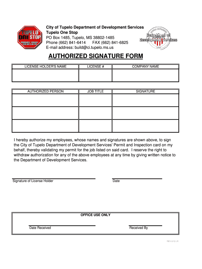 Fillable Online tupeloms AUTHORIZED SIGNATURE FORM City of Tupelo