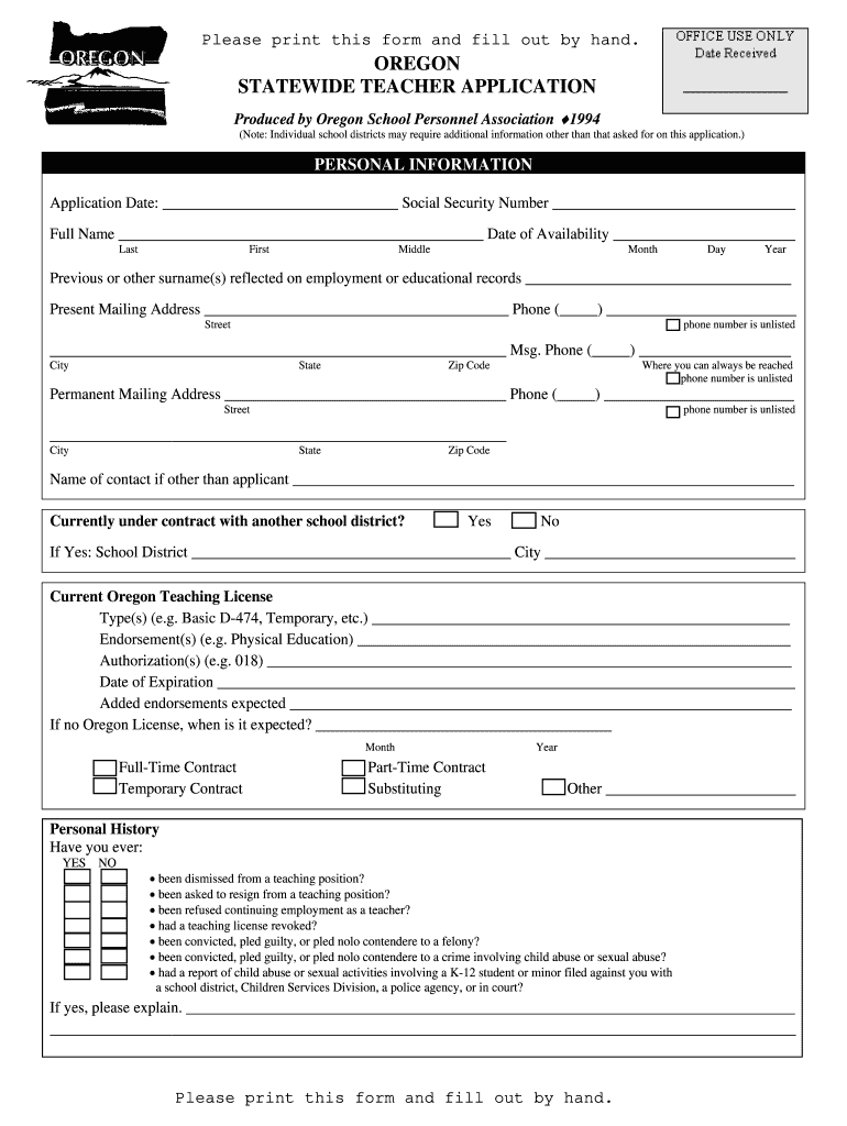 Oregon statewide teacher application fillable Fill out & sign online