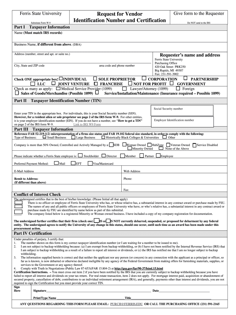 Fillable Online ferris Request for Vendor Identification Number and