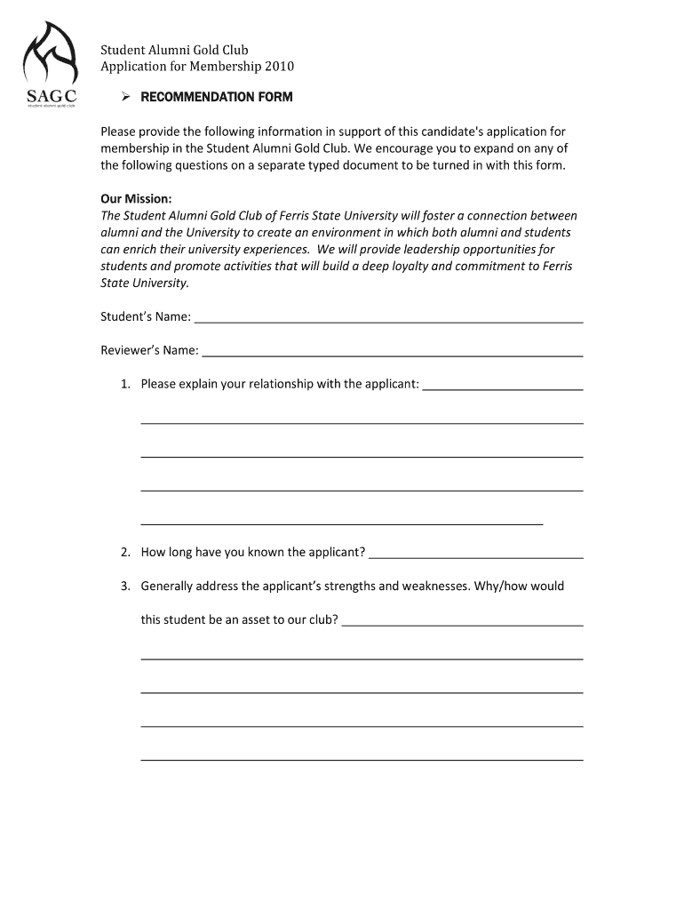 Fillable Online ferris Student Alumni Gold Club Application for Ferris State University