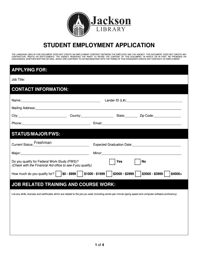 Fillable Online lander STUDENT EMPLOYMENT APPLICATION Lander