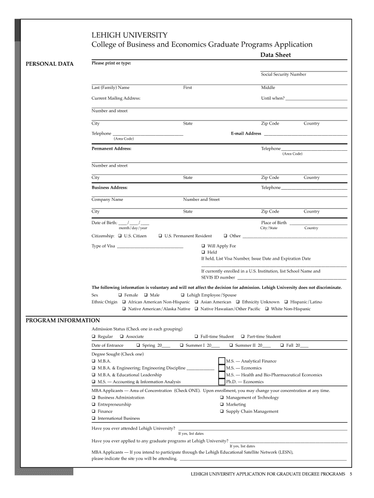 Fillable Online lehigh Application for graduate degree programs