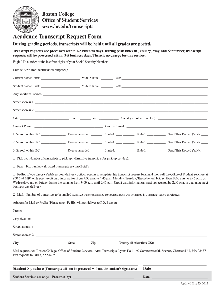 Fillable Online bc Academic Transcript Request Form Boston College