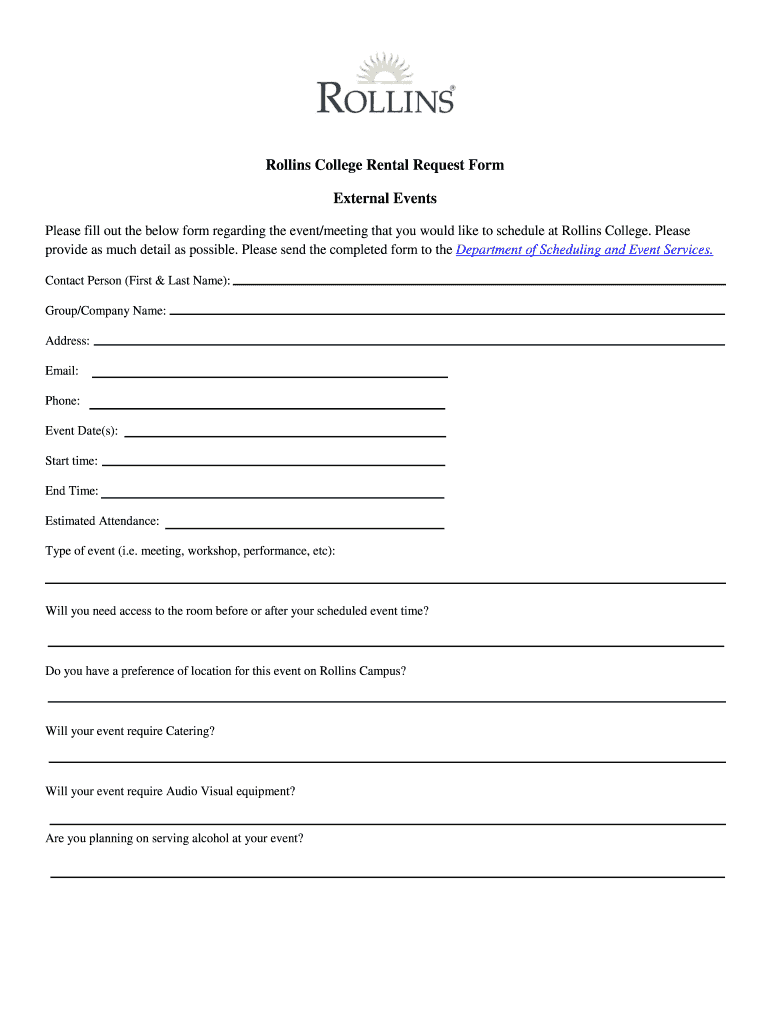 Fillable Online rollins Rollins College Rental Request Form External