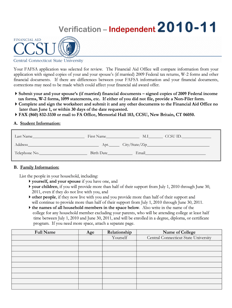 2010-11 Verification Worksheet - Independent doc: Fill out & sign
