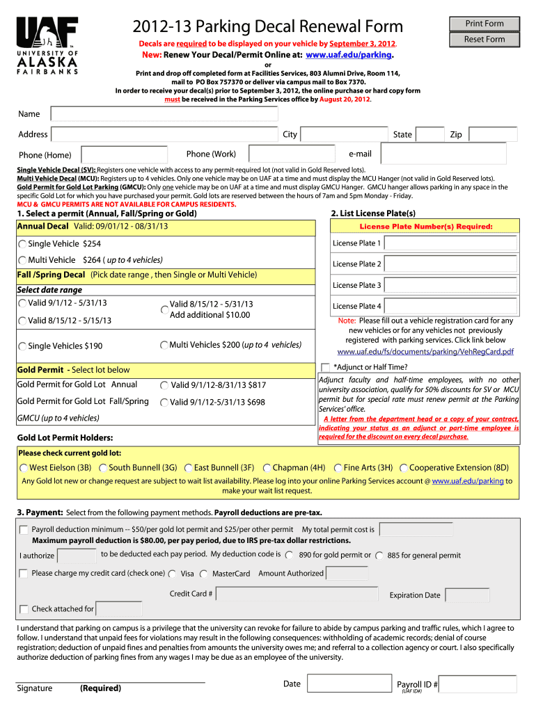 Fillable Online uaf 201213 Parking Decal Renewal Form Fax Email Print
