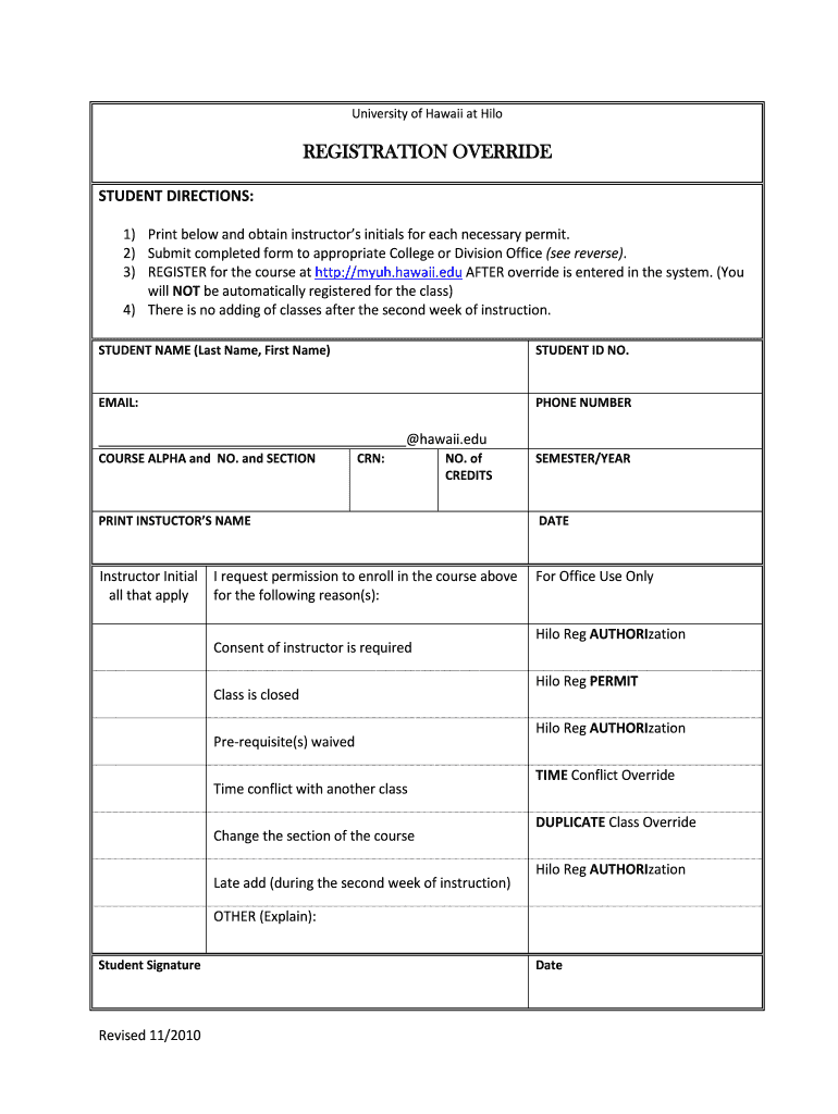 Fillable Online uhh hawaii REGISTRATION OVERRIDE University of Hawaii
