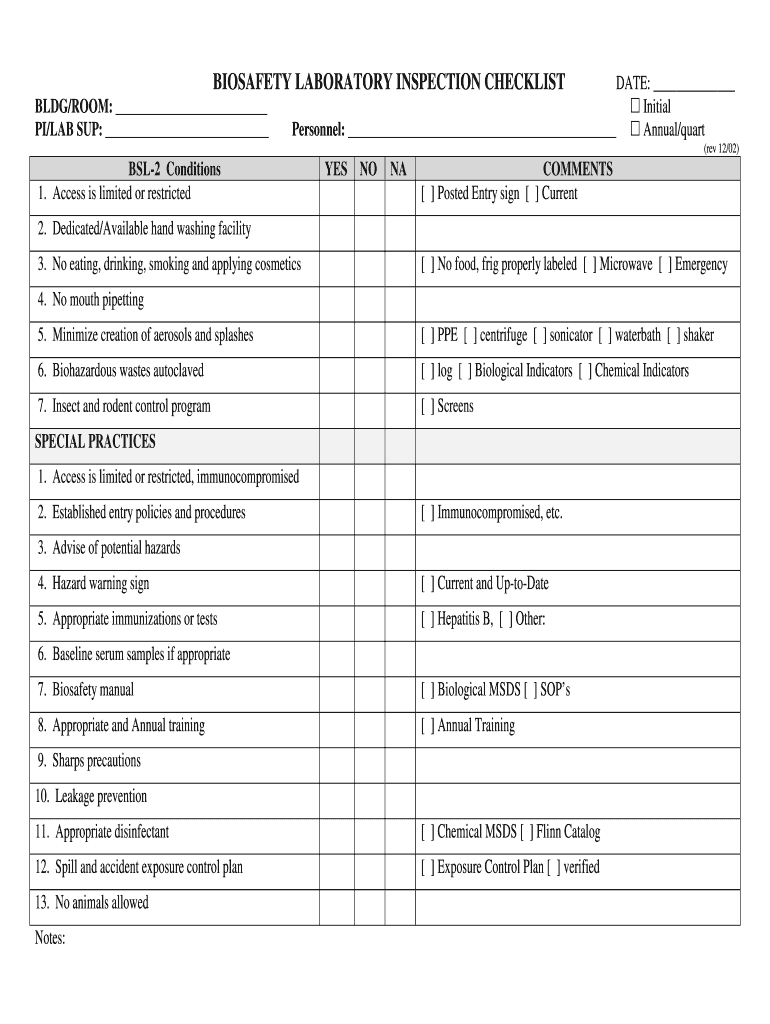 Fillable Online uhm hawaii BIOSAFETY LABORATORY INSPECTION CHECKLIST