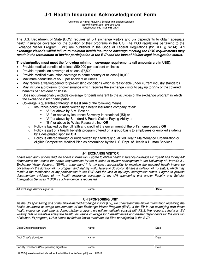 Fillable Online hawaii J1 Health Insurance Acknowledgment Form