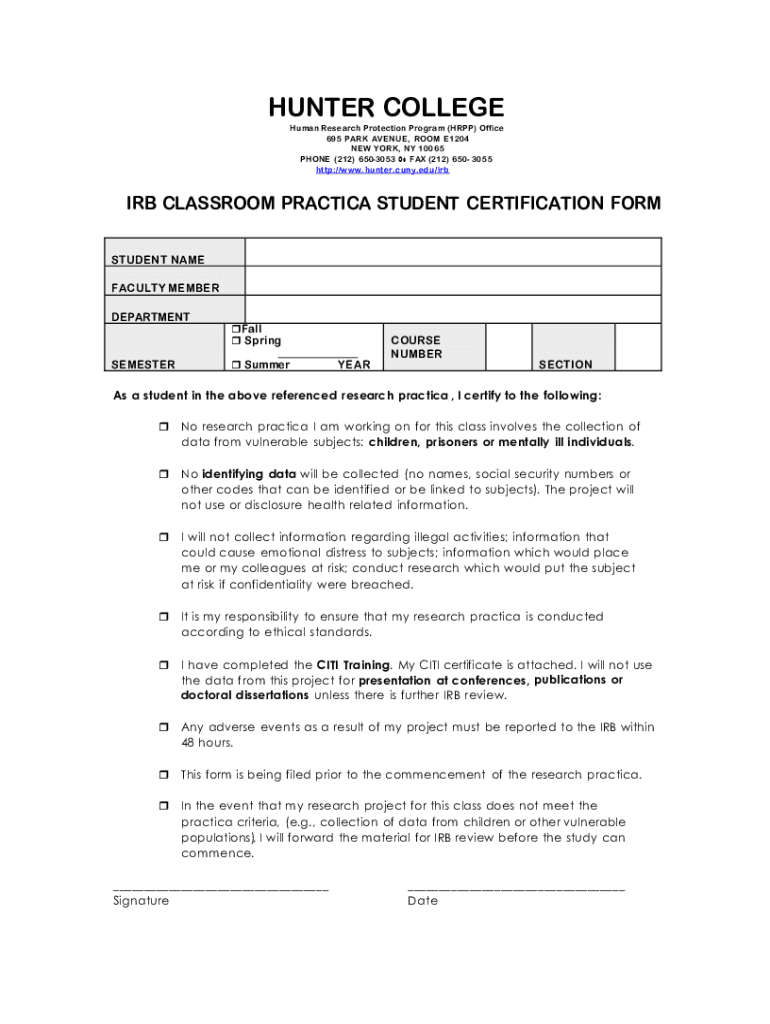 Fillable Online IRB Classroom Practica Student Certification Form