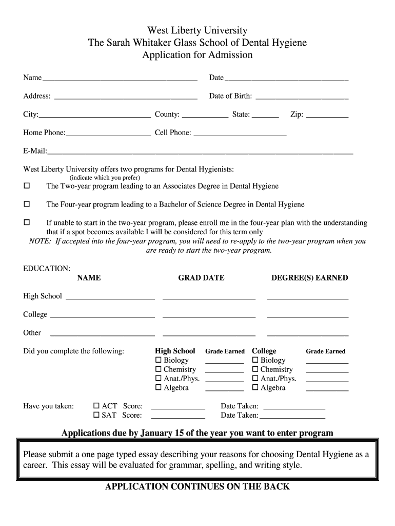 Fillable Online go westliberty DH Application West Liberty University